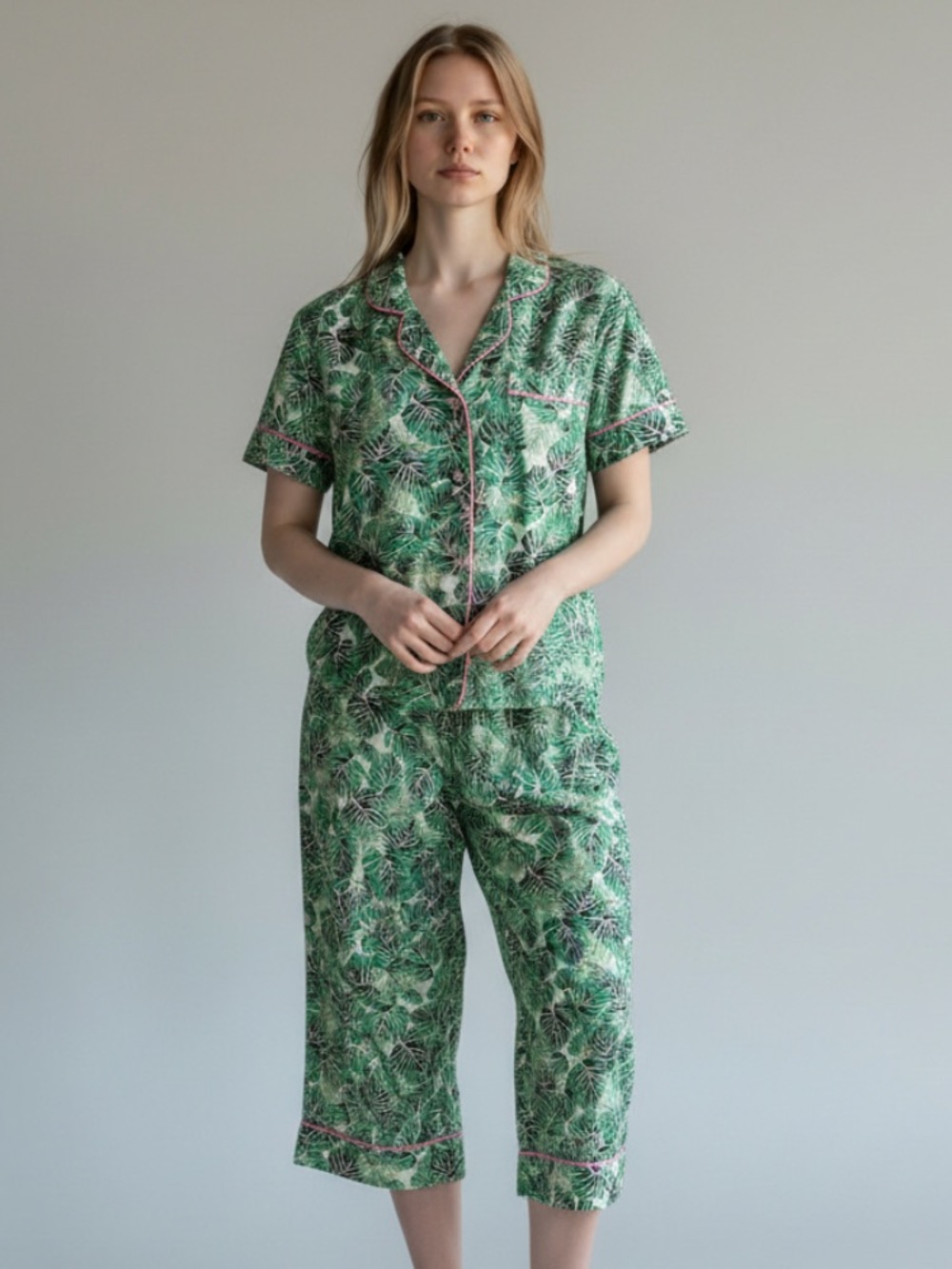Tropical Green Leaf Short-Sleeve Kids Pajama Set with Pink Trim